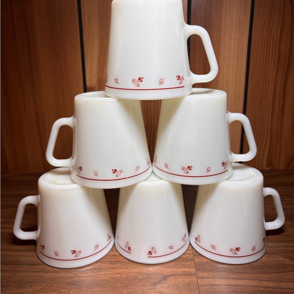 Vintage Burgundy Rose Pyrex Mugs- Set of 6